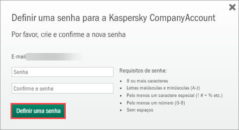 Criação de uma senha no Kaspersky CompanyAccount