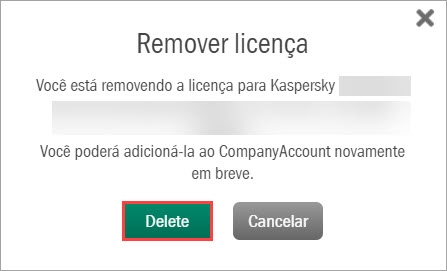 Confirmação da remoção de uma licença no Kaspersky CompanyAccount