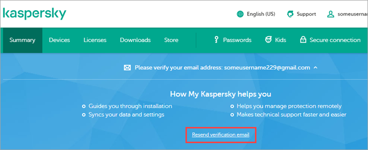 Notificação no My Kaspersky para enviar um novo e-mail
