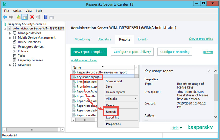 Atualização do relatório sobre o uso de chaves de licença no Kaspersky Security Center