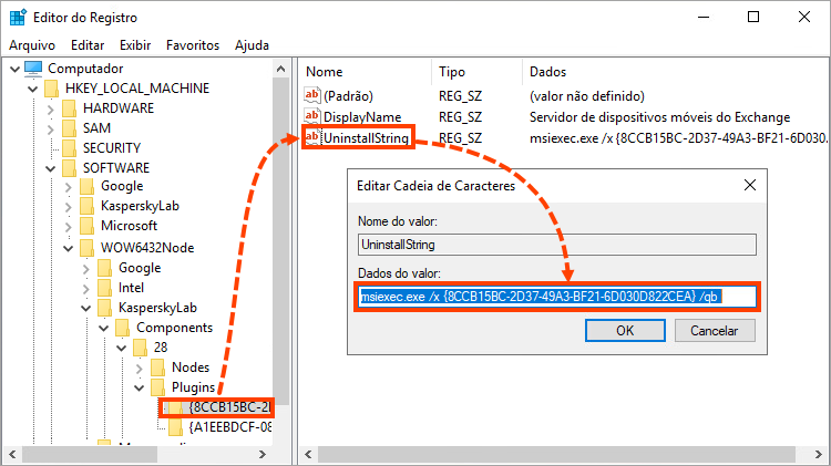 O parâmetro UninstallString no registro do sistema do Windows 