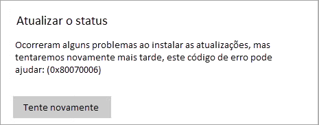 Erro de atualização no serviço Windows Update. O código de erro é 0x80070006.