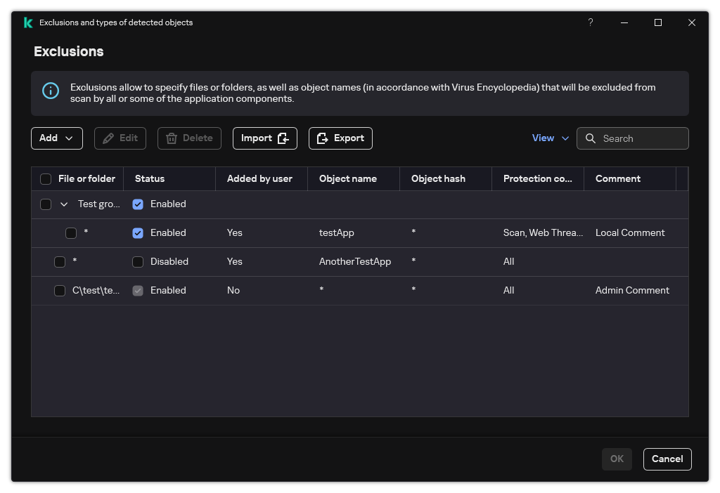 A window with the list of exclusions. Exclusion properties are displayed. The user can add, edit or delete exclusions.