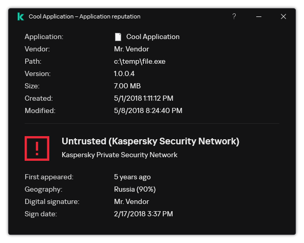 The window contains information about the file reputation and other data, such as the presence of a digital signature.