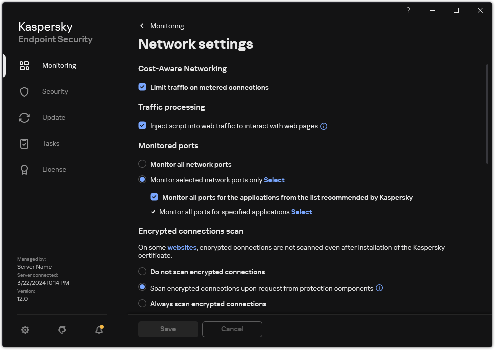 Application network settings window.