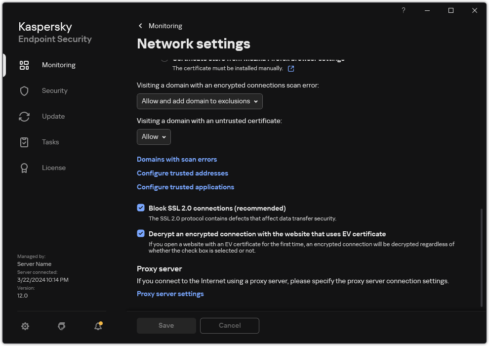 Application network settings window.