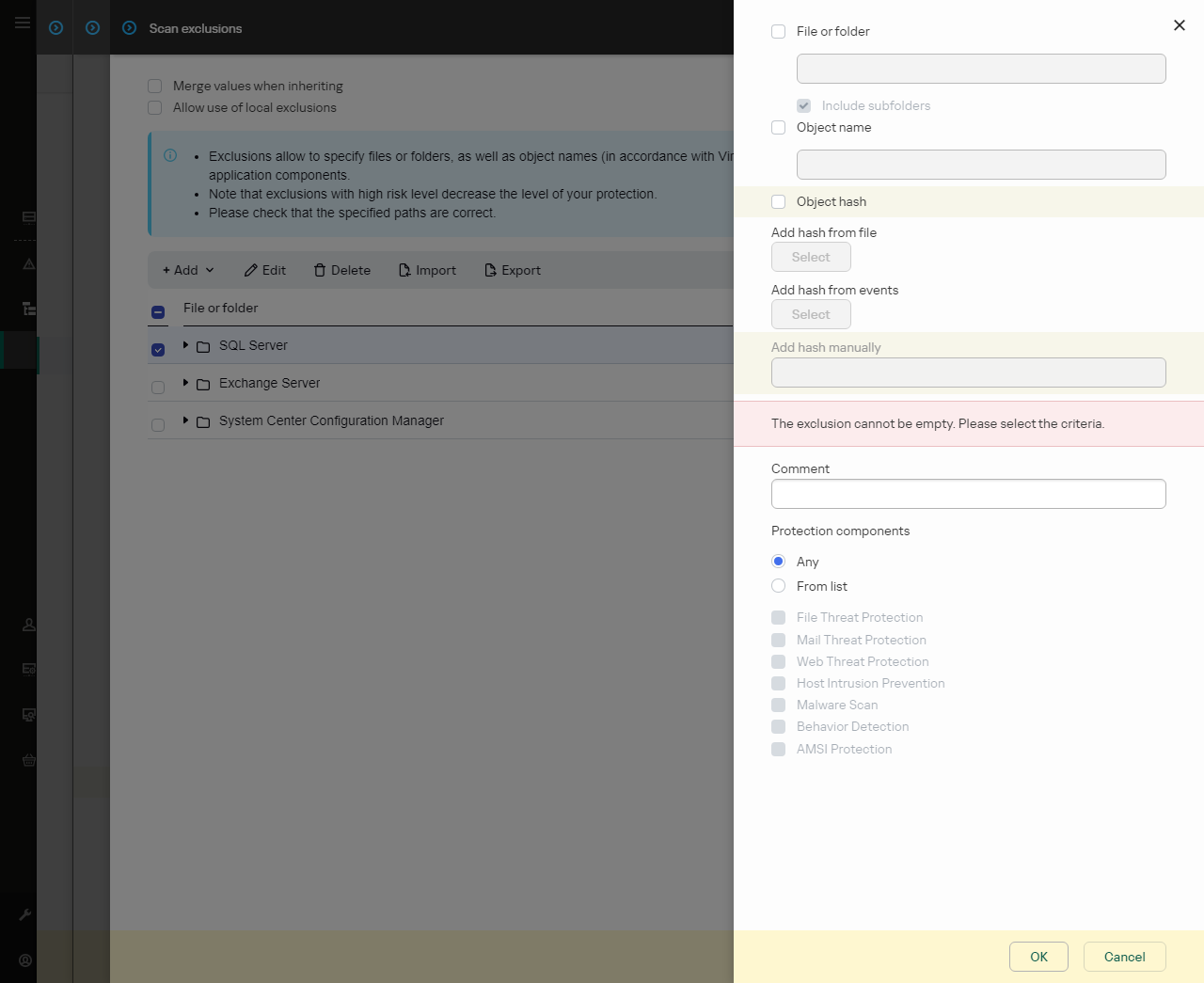 A window with exclusion selection tools. The user can select file or folder, enter an object name or hash.