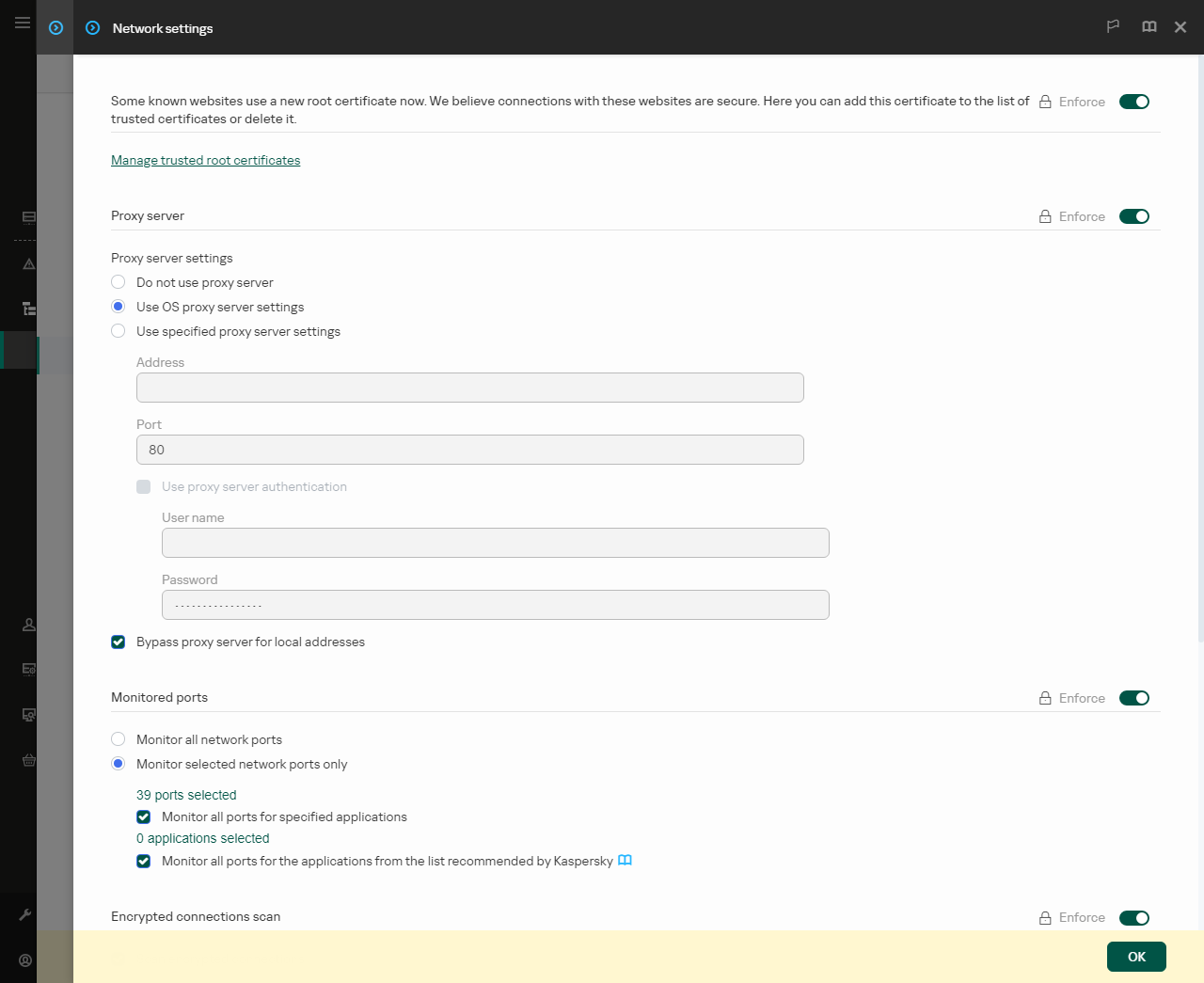 Application network settings window. The user can configure proxy server settings.