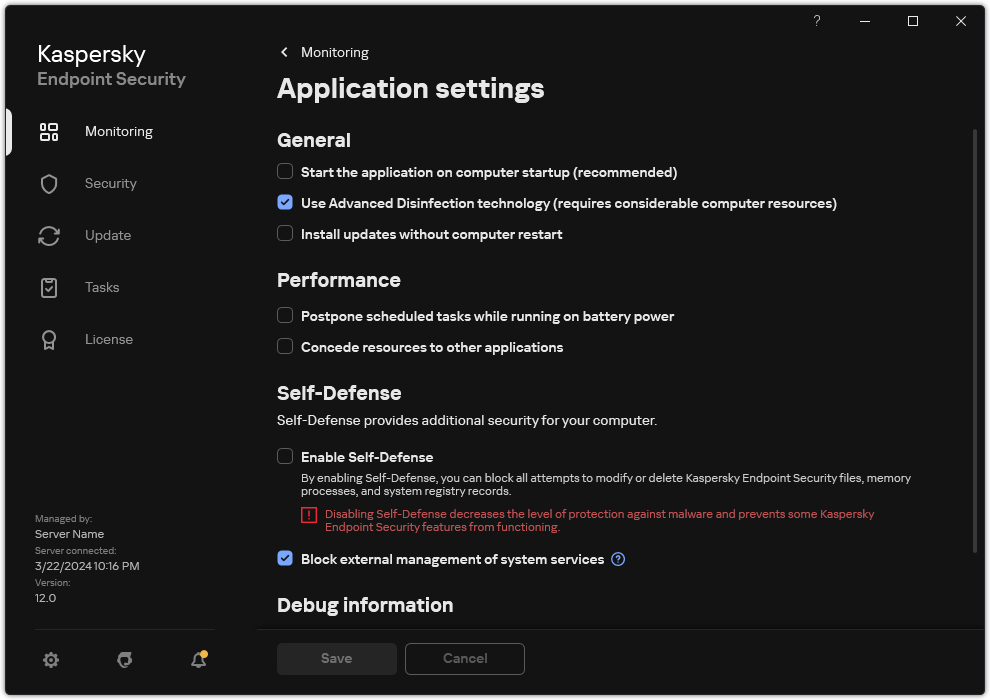 Application settings window. The user can configure performance, self-defense and other settings.