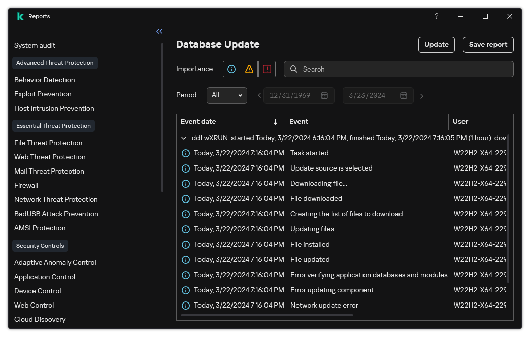 A window with the list of events in the report. The user can filter/sort events and save reports to a file.