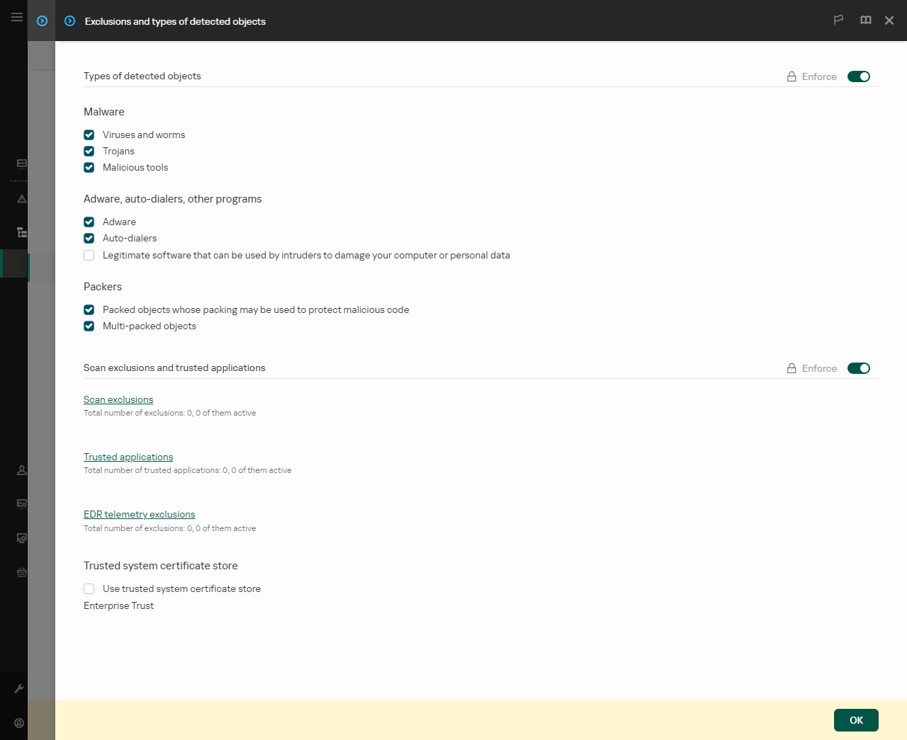 Exclusion settings window. The user can add exclusions and trusted applications.