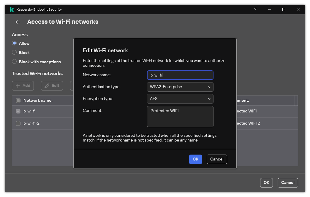 The window contains the settings of the trusted Wi-Fi network.