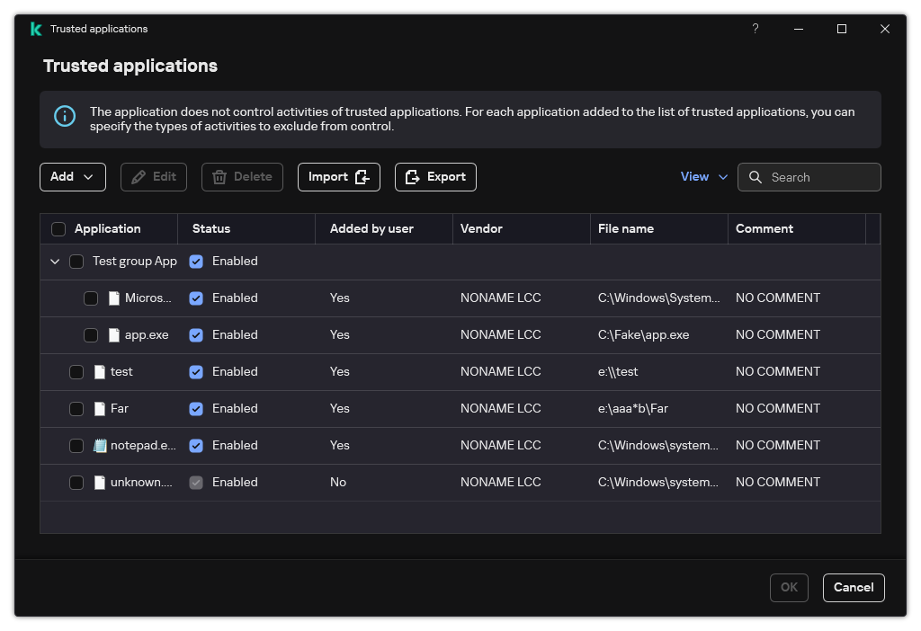 A window with the list of trusted applications. The user can add, edit or remove a trusted application.