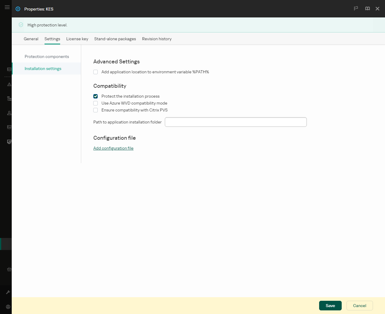 Installation package properties window. You can configure the installation of the application.