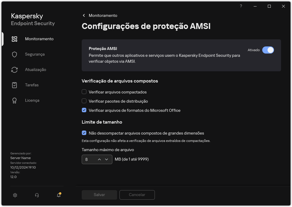 Janela Configurações de Proteção AMSI.