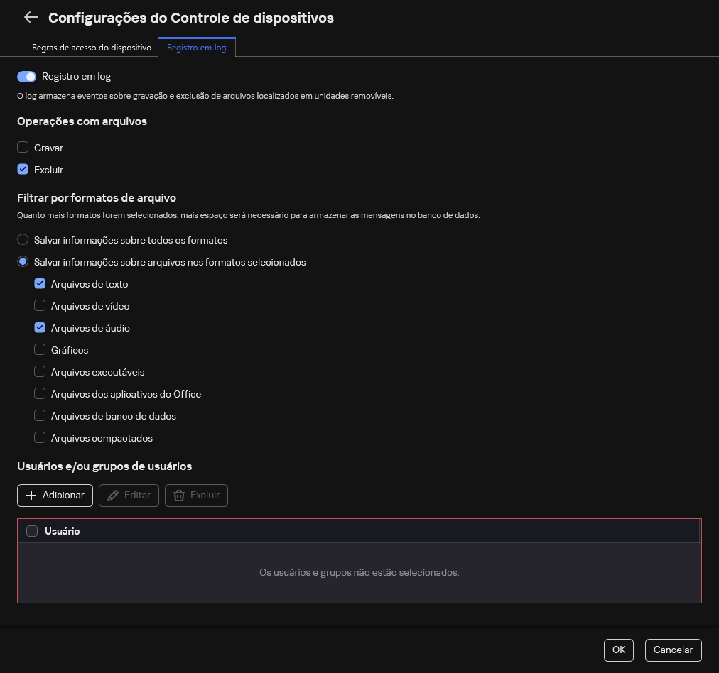 A janela para configurar a criação de log de eventos sobre o uso de unidades removíveis. O usuário pode selecionar os eventos a serem registrados.