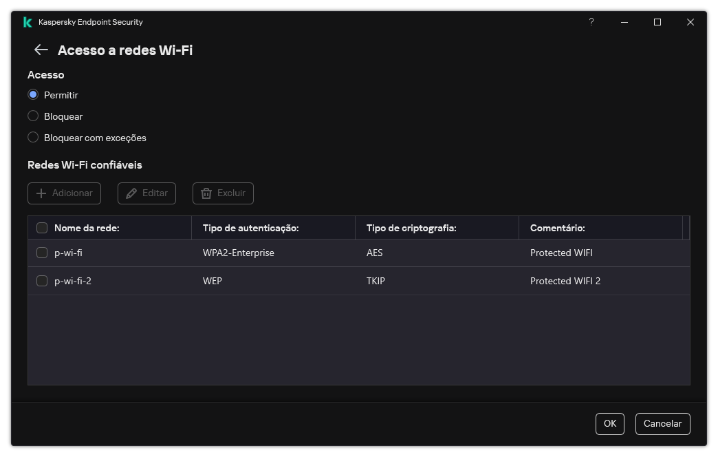 Uma janela com uma lista de redes Wi-Fi. O usuário pode configurar o acesso a todas as redes Wi-Fi e adicionar redes Wi-Fi confiáveis.