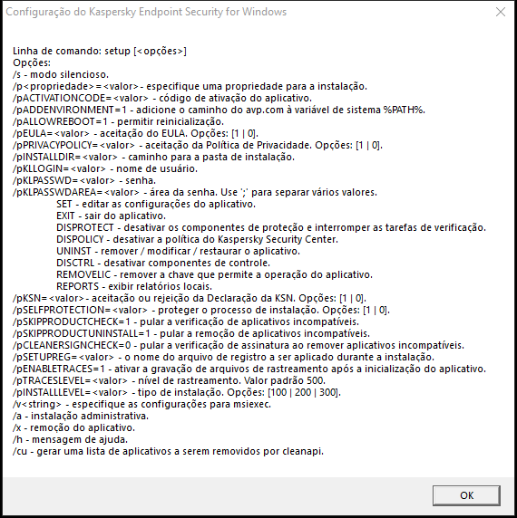 Janela de dica de ferramenta descrevendo as opções de comando para instalar o aplicativo por meio de CMD.