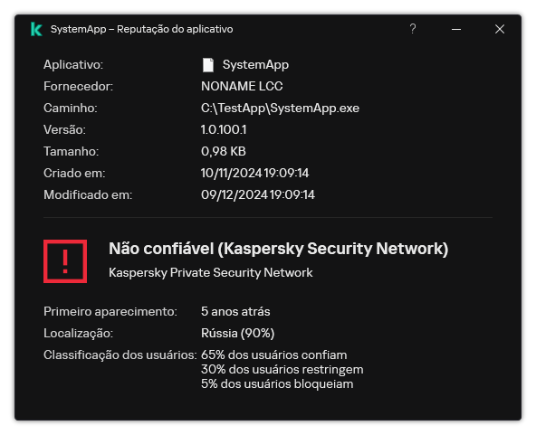 A janela contém informações sobre a reputação do arquivo e outros dados, como a presença de uma assinatura digital.