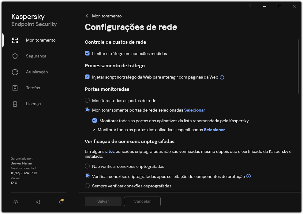 Janela Configurações do Aplicativo de Rede.