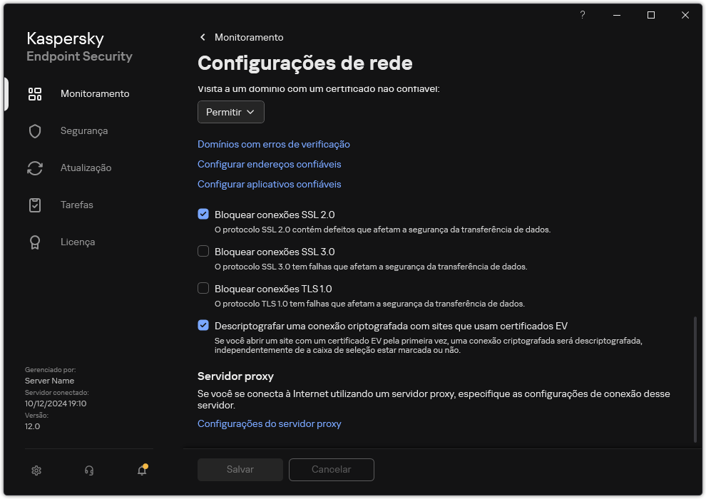Janela Configurações do Aplicativo de Rede.