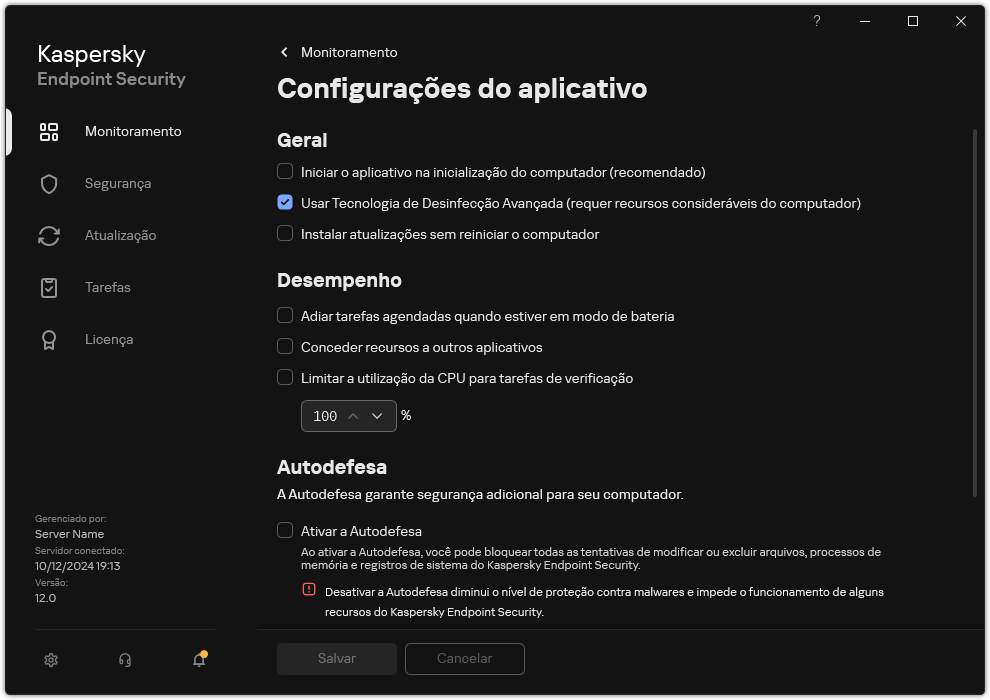 Janela Configurações do Aplicativo. O usuário pode configurar o desempenho, a autodefesa e outras configurações.