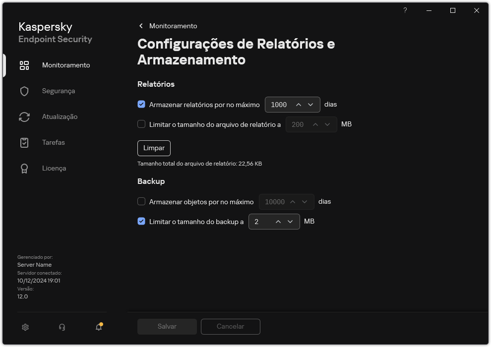 Janela Configurações de relatórios e armazenamento. O usuário pode definir o tamanho e limitar o tempo de armazenamento de relatórios e objetos no repositório.
