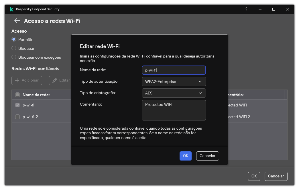 A janela contém as configurações da rede Wi-Fi confiável.
