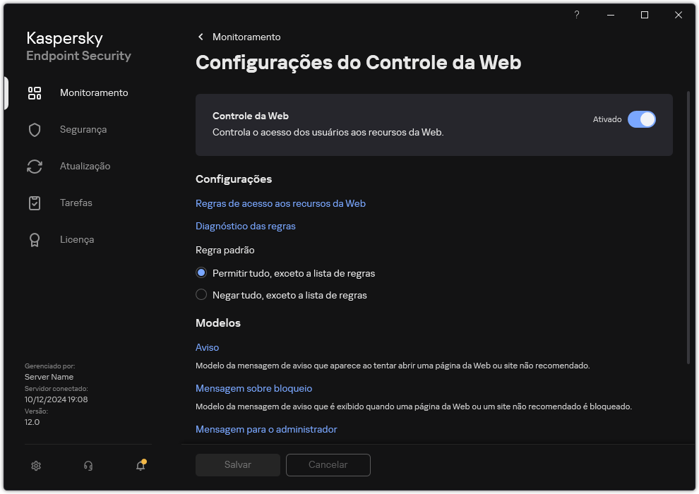 Janela de configurações do Controle da Web.