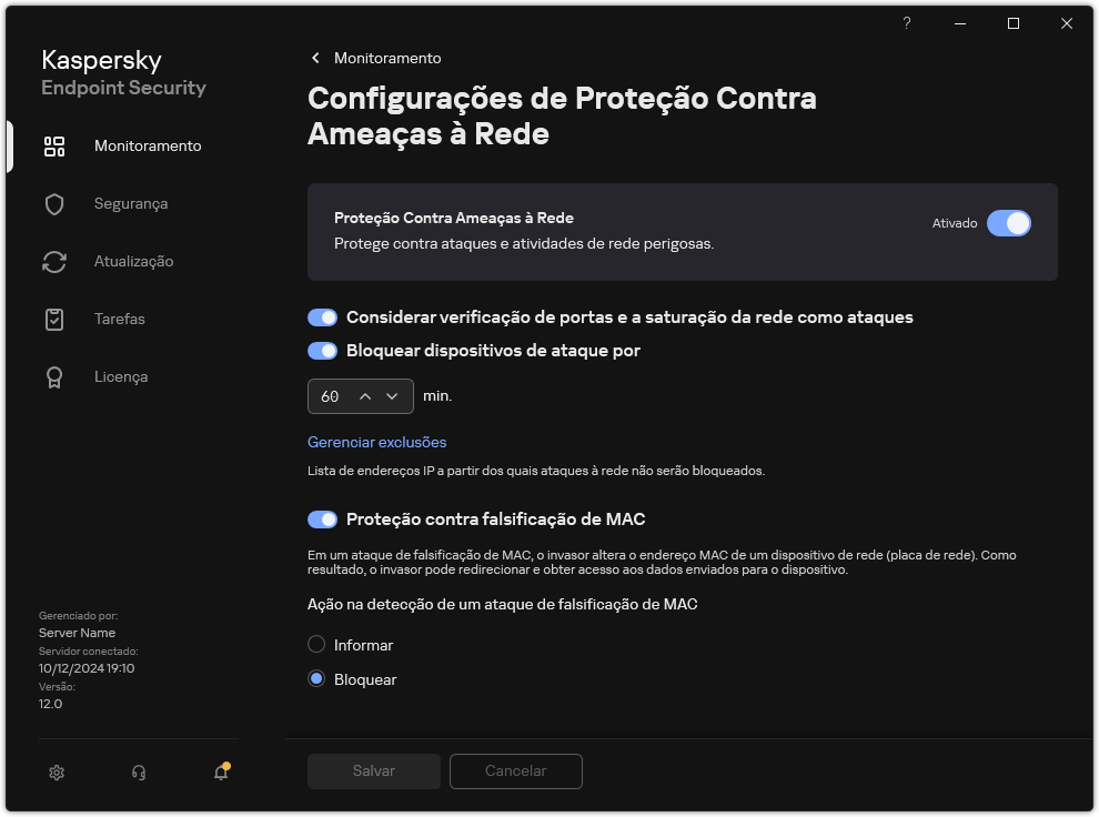 Janela Configurações de Proteção Contra Ameaças à Rede