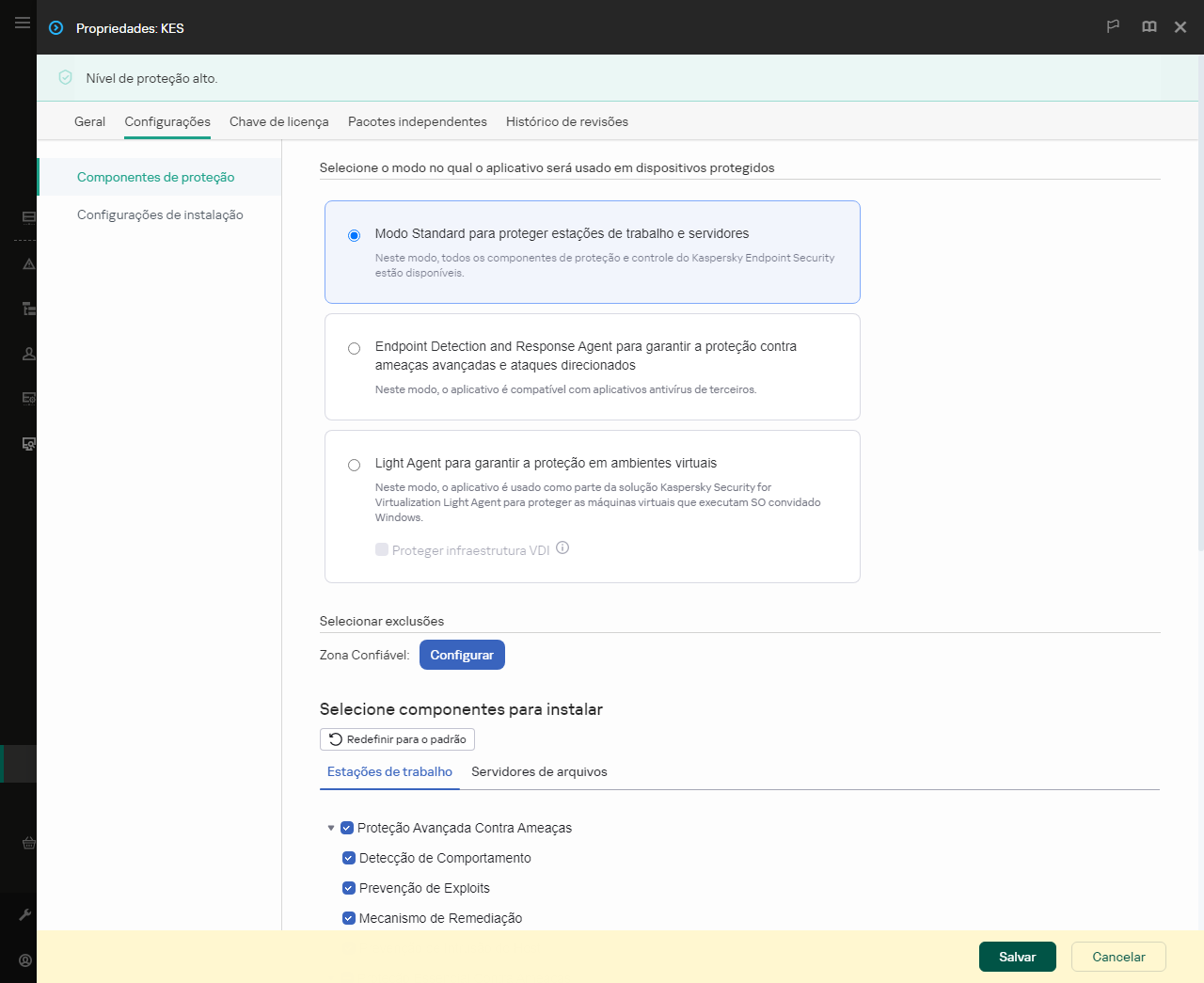 Janela de propriedades do pacote de instalação. É possível selecionar quais componentes do aplicativo deseja incluir.