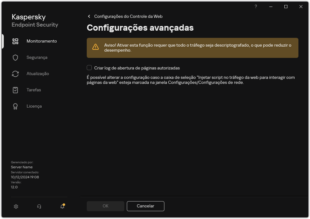 Janela de configurações avançadas do Controle da Web.