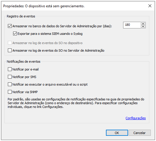 Seleção de eventos para exportação no formato Syslog.