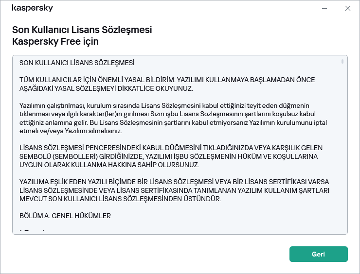 Son Kullanıcı Lisans Sözleşmesi metnini içeren pencere