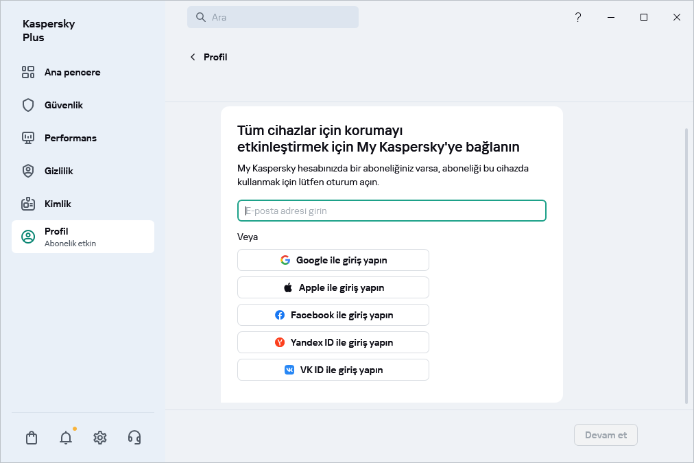 My Kaspersky'ye bağlanabileceğiniz adım
