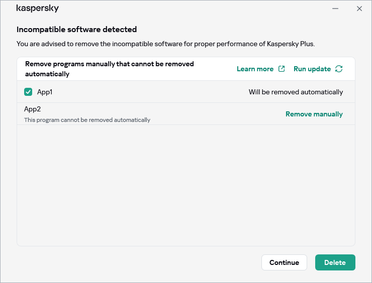 Window with the list of incompatible applications