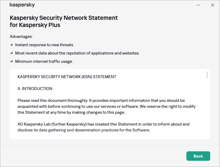 The Kaspersky Security Network Statement acceptance window