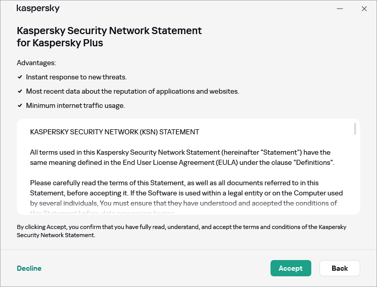 The GDPR Kaspersky Security Network Statement acceptance window