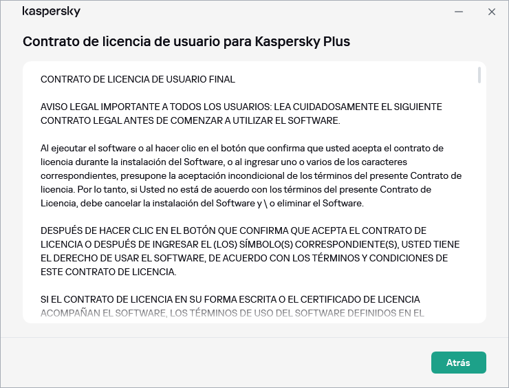 La ventana que contiene el texto del Contrato de licencia de usuario final.
