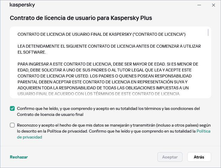 La ventana de aceptación del contrato de licencia del GDPR