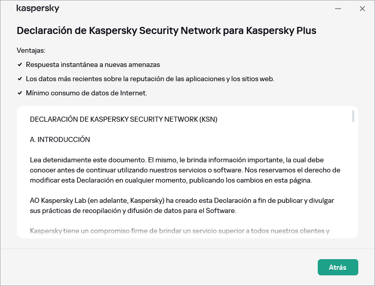 La ventana de aceptación de la Declaración de Kaspersky Security Network