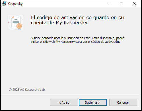 Ventana con la suscripción guardada correctamente en la cuenta de My Kaspersky