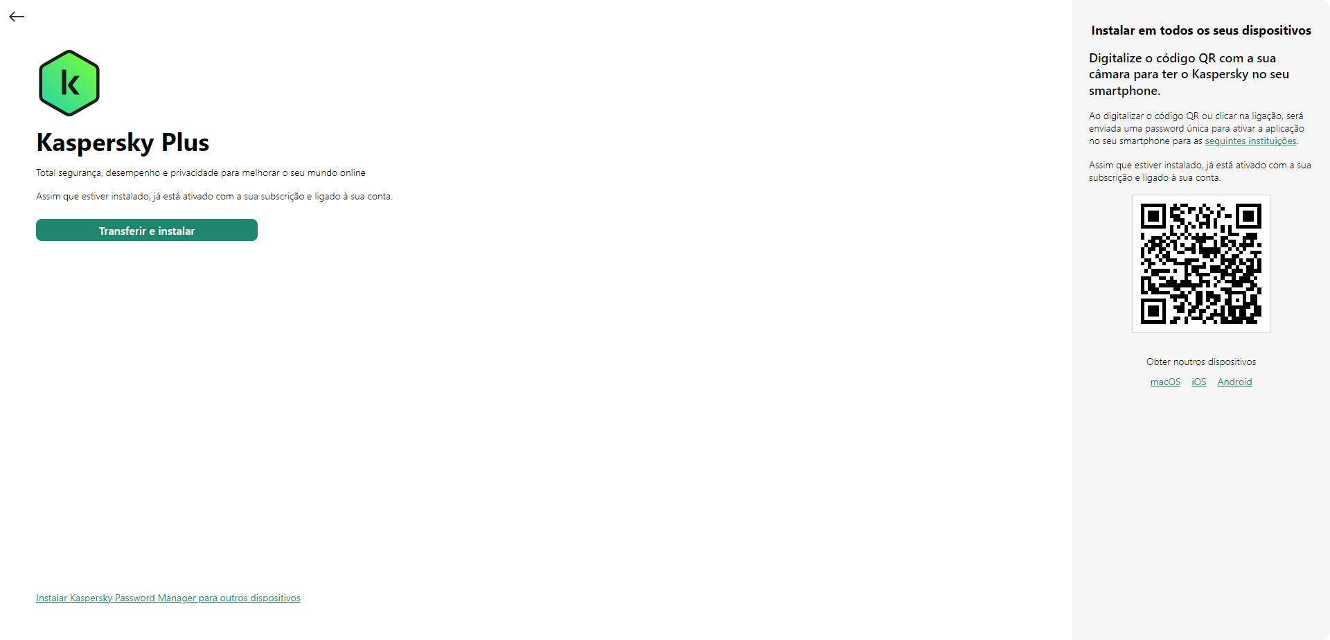 Janela para transferir e instalar a aplicação