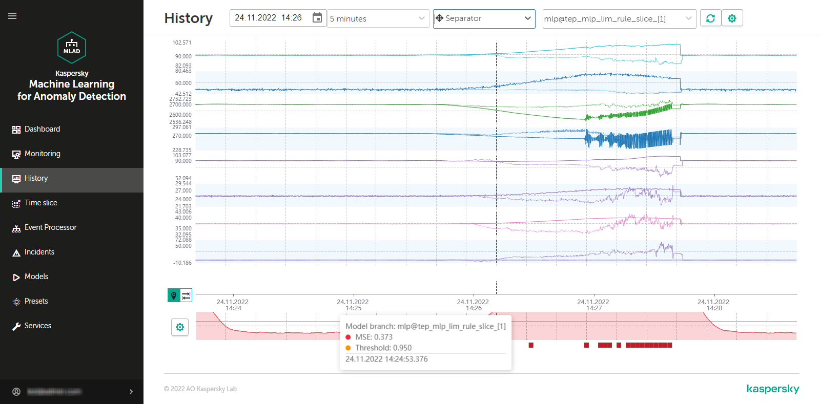 The window of the History section contains information about the processing of historical data.