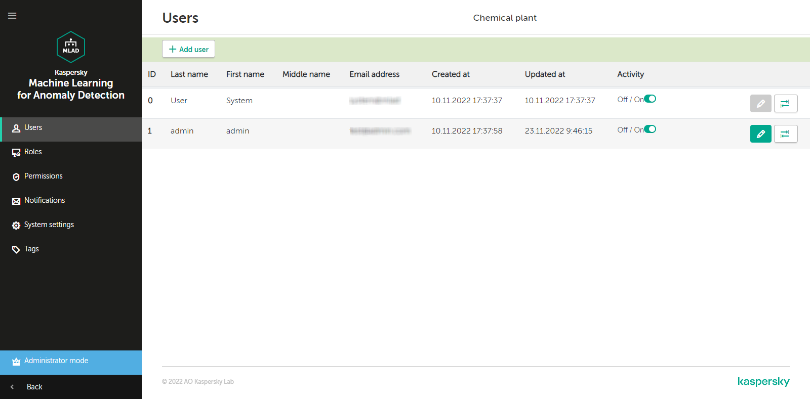The window of the Users section contains a table with user accounts.