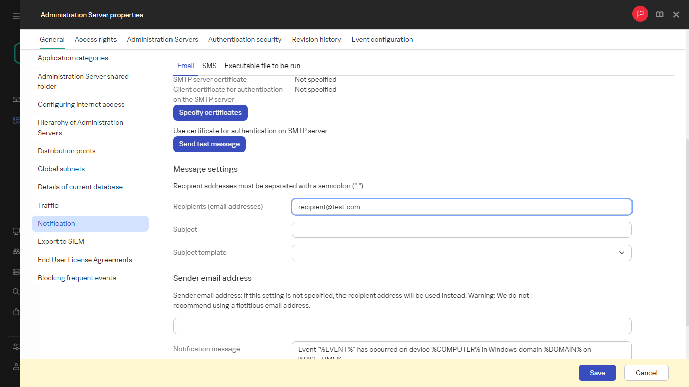 Notification in the General tab of Administration server properties.