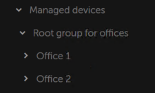 A Managed devices node includes the Root group for offices folder with Servers and groups Office 1 and Office 2.