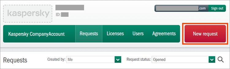 Criação de uma nova solicitação no Kaspersky CompanyAccount