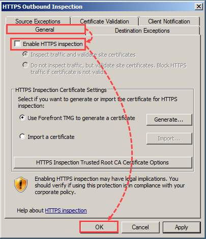 Desativação da inspeção HTTPS no Forefront TMG